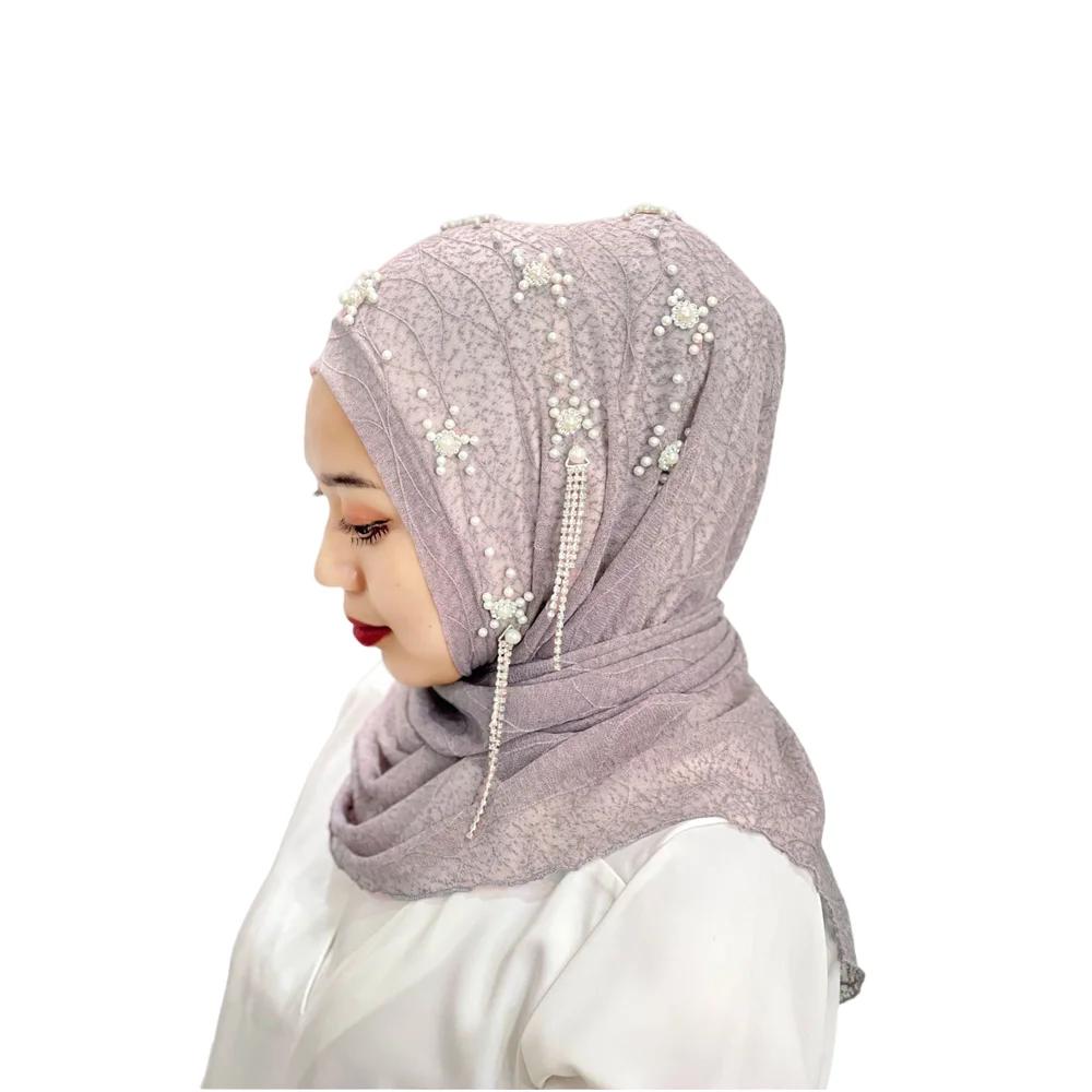 Msulim Hijab Women Beaded Flower Tassel Shawl Wrap Islamic Hat Stoles Headscarf Turban