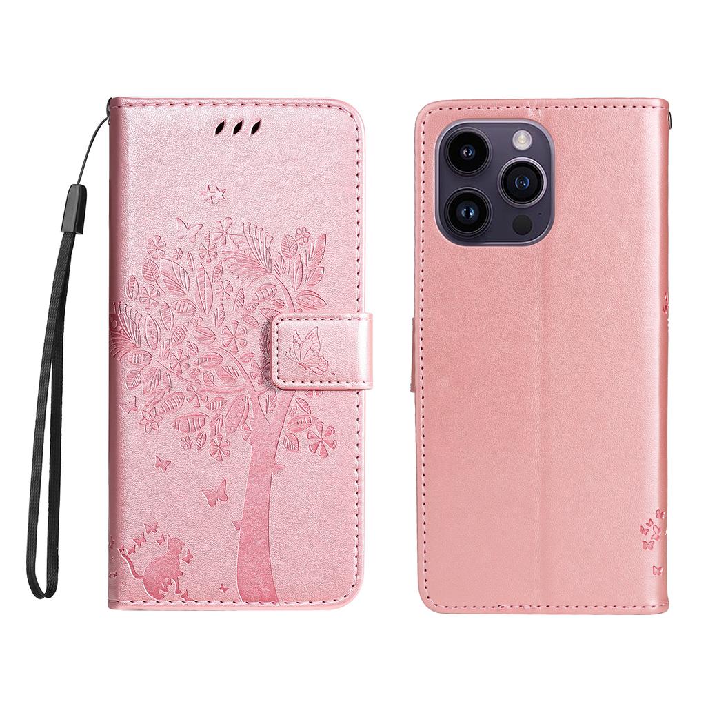 For iPhone 15 Pro Max Phone Case with Stand Cat Tree Pattern Leather Wallet Mobile Cover