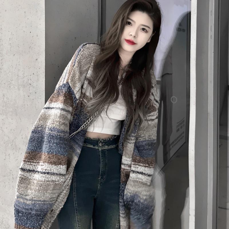 

Модный повседневный ретро удобный цветной полосатый кардиган свитер пальто женский осень и зима тонкий дизайн ниша свободный ленивый трикотажный топ XL