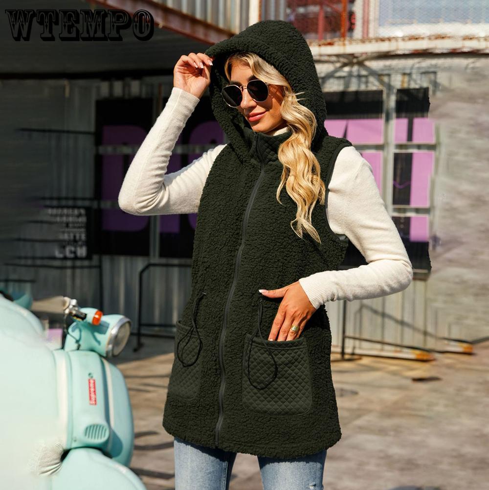 Autumn Women's Hooded Sleeveless Colorblocking Pocket Buttonless Mid-Length Cardigan Bubble Fleece Jacket