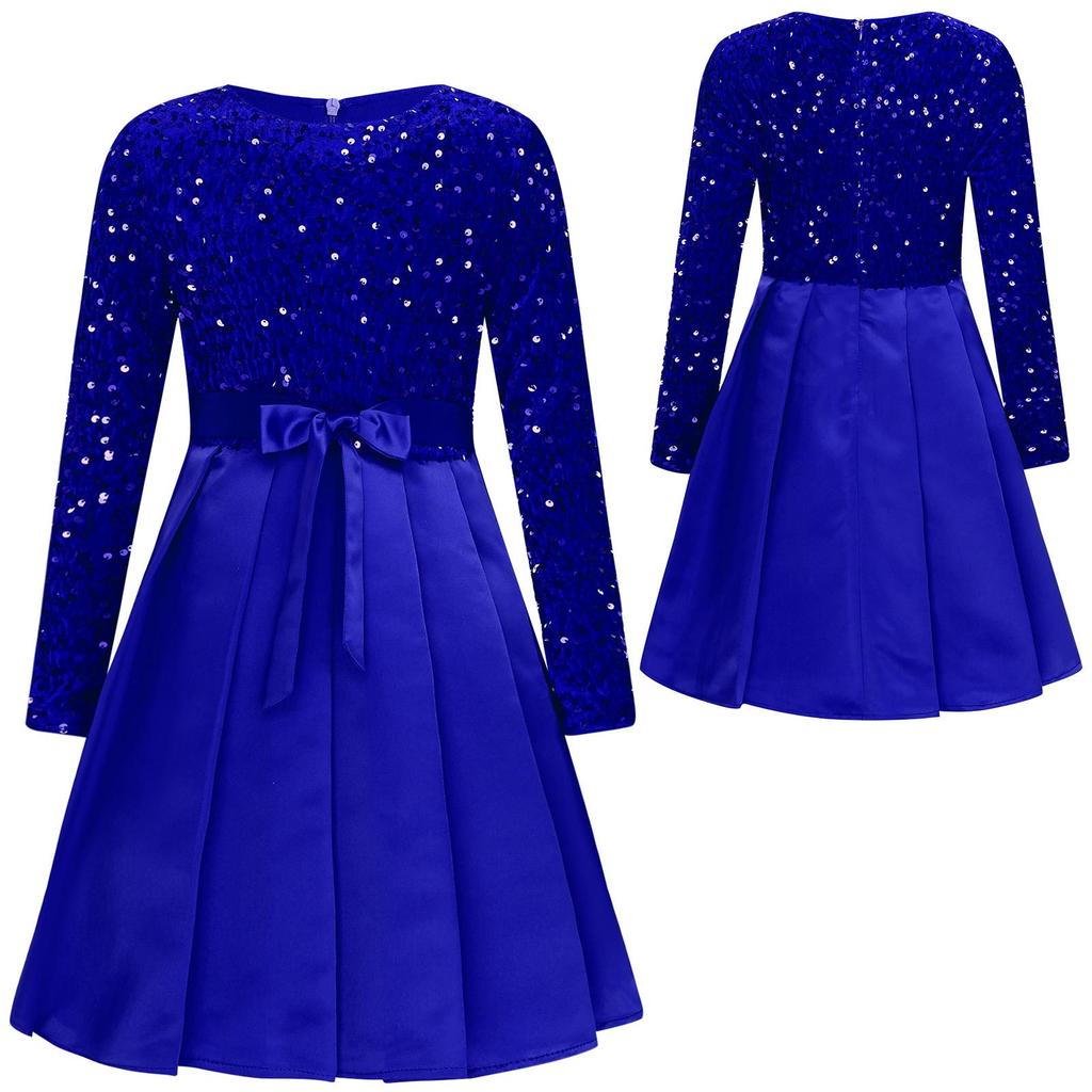 Belted Christmas Dress for Girls Knee Length Pleated Gown Glittery Sequin Round Collar Long Sleeve