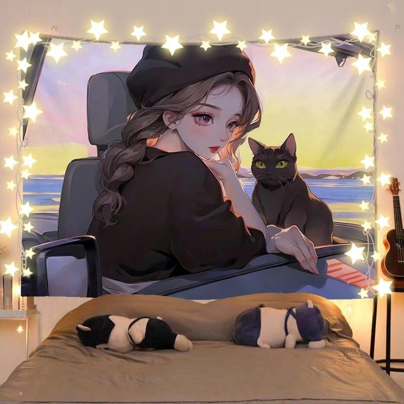 Anime Girl And Cat Healing Scenery Tapestry Wall Hanging Decorative Fabric for Room Headboard Background