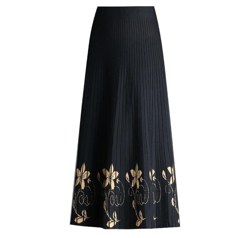 Fustă tricotată pentru femei Toamnă și Iarnă Lungime medie Talie înaltă Fustă plisată Fustă în A