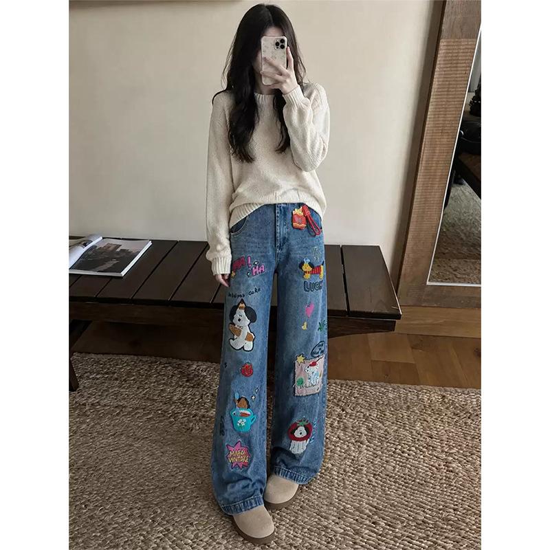 Autumn Korean cartoon sticker jeans women's loose and thin high waist drape floor-mopping wide-leg pants versatile ins tide