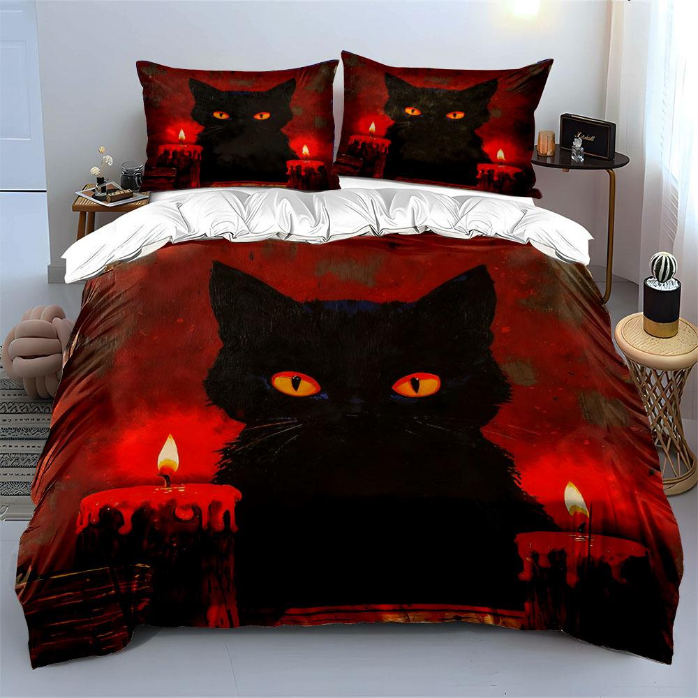 Black Cat Candlelight Decor Set Soft Comfortable Duvet Cover Bedding Set Included 1*Duvet Cover & 2*Pillowcases, Gift