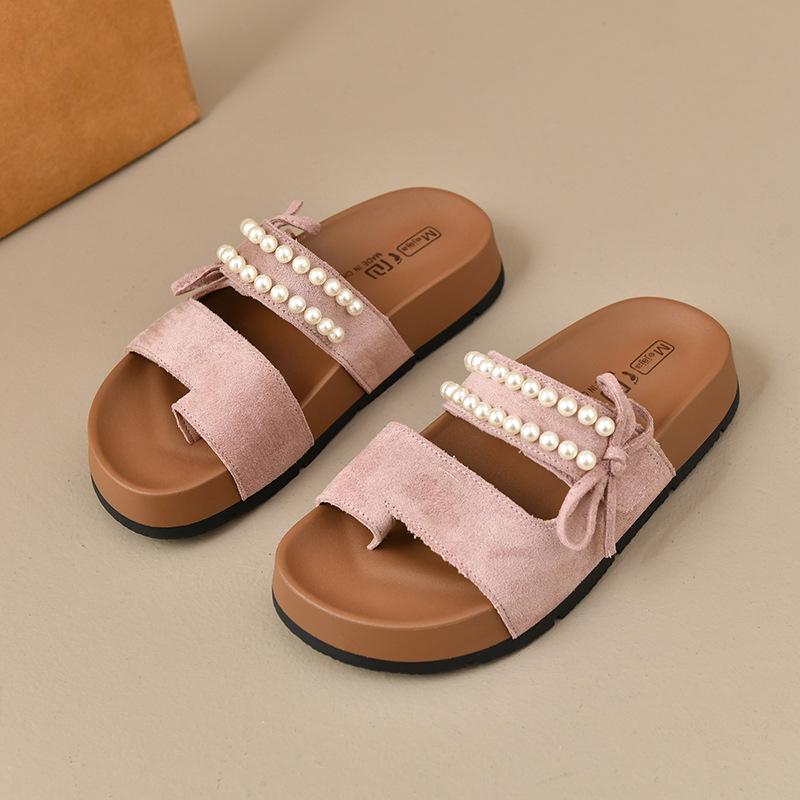 One-and-a-half slippers women's summer wear new pearl one-pedal shoes flat sandals lazy sandals