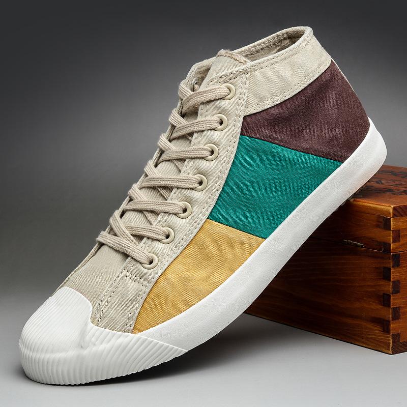 Men's High-top Canvas Shoes Trendy Mixed Colors Mens Casual Shoes Breathable Comfortable Men Sneakers Retro Style Male Shoes