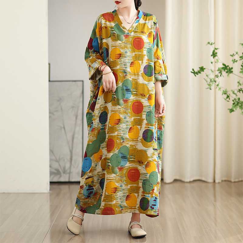New Color Travel V-neck Retro Long Skirt Cotton Linen Dress