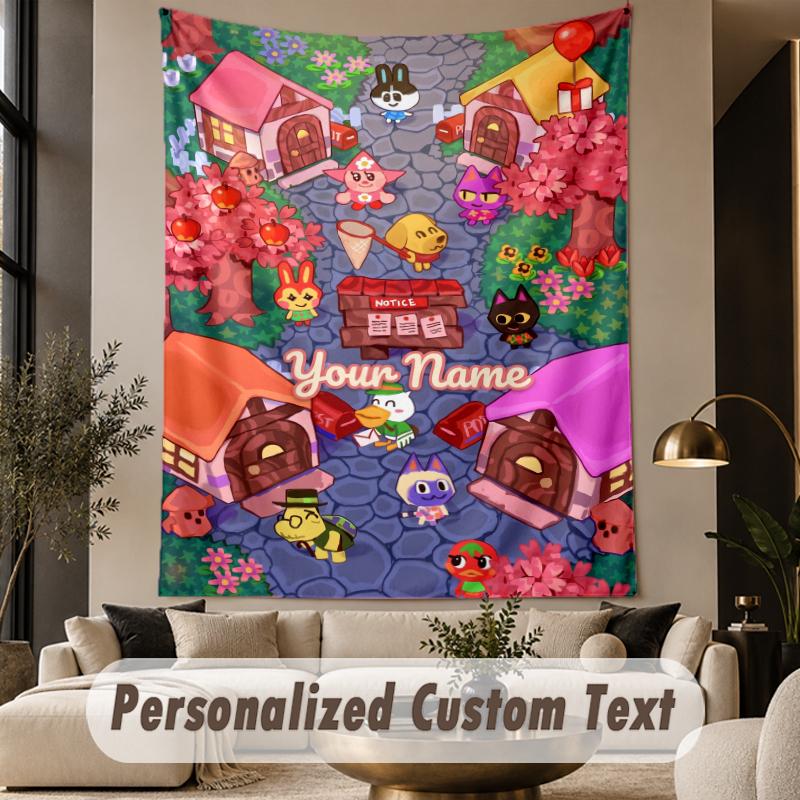 Custom Text Printed Tapestry Animal Crossing Pattern Large Wall Hanging Indoor Room Decor