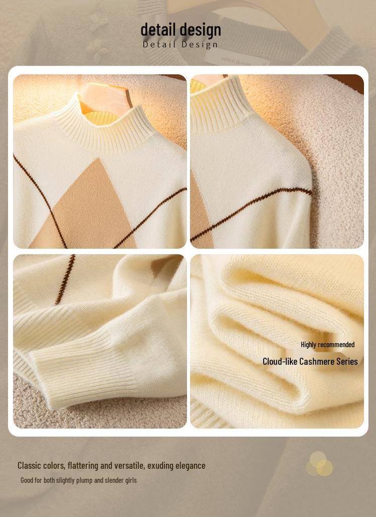 2024 Autumn Women's High Neck Diamond Pattern Wool Sweater - Stylish Versatile Knit Top