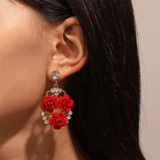 1 Set Red Rose Wedding Jewelry Brides Bridesmaids Vintage Necklace Earrings Open Ring Set Rose Rhinestone Jewelry Set Gift