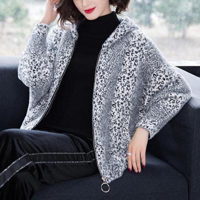 Thick and Warm Leopard Print Short Coat Bat Sleeve Faux Mink Fur for Women