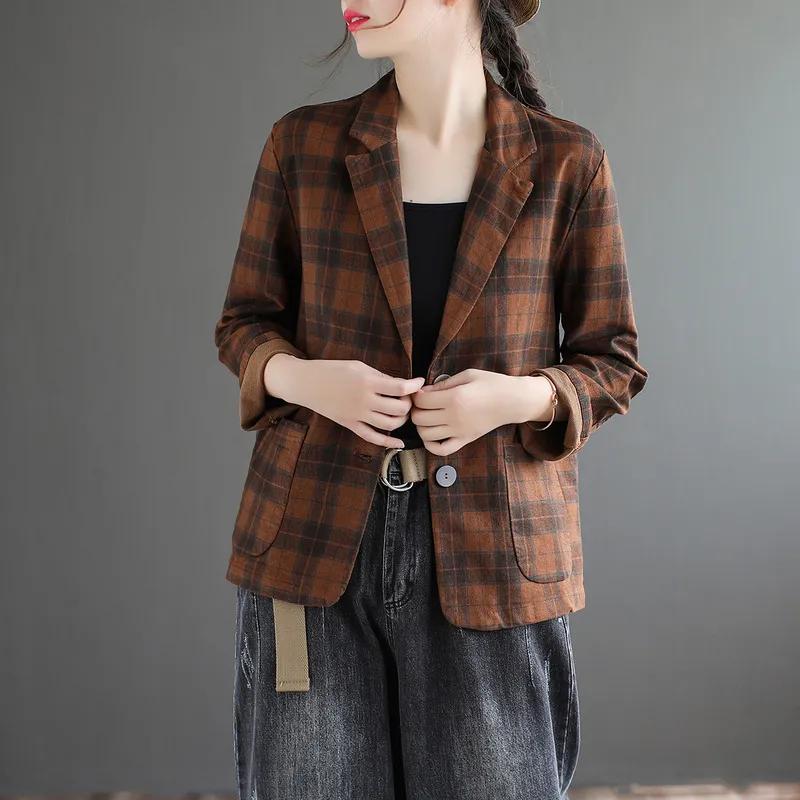 Literary Cotton and Linen Plaid Suit Jacket Women's Spring and Autumn Casual Slim Long-sleeved Short Ladies Small Suit Temperament All-match
