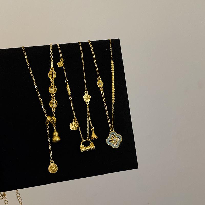 New Chinese Gourd Ruyi Lock Pendant Gold Necklace Women'S Light Luxury High-End Exquisite Versatile Neck Chain Sweater Chain