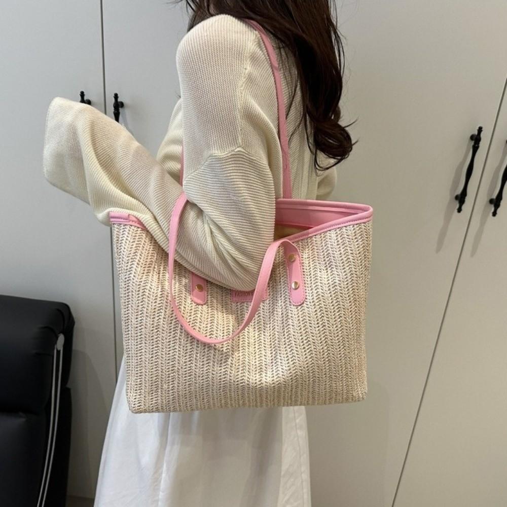 PU Weave Tote Bag Solid Color Beach Straw Handbag Simple Straw Shoulder Bag  Women