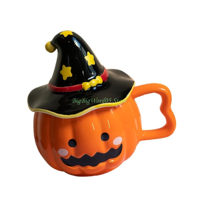 24TE Unique Halloween Themed Ceramics Mug with Pumpkin Design Matching Witch Hat Lid