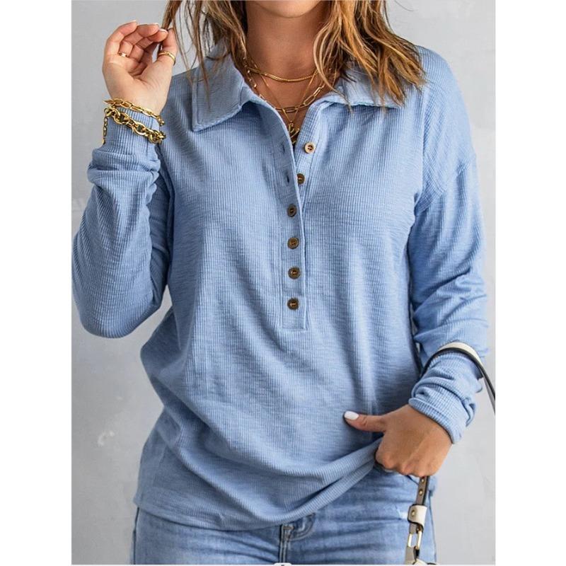 Autumn and Winter Solid Color Knitted Shirt Single breasted Flip Collar Loose Casual Top Women's Pullovers & Long Sleeves