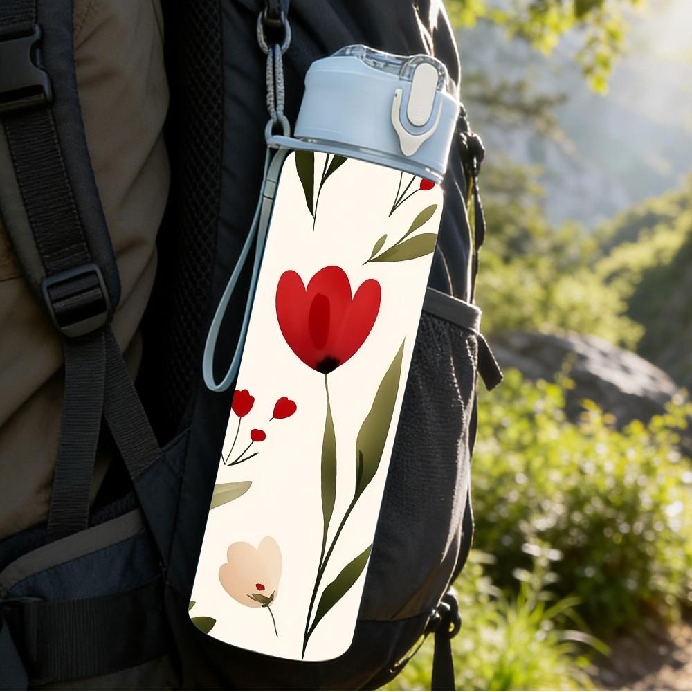 1PC Deep Red Tulip Floral Repeat Background Print 750ml Color Plastic Sports Water Bottle Leakproof Flip Straw Lid Suitable for Sports Office Home Use