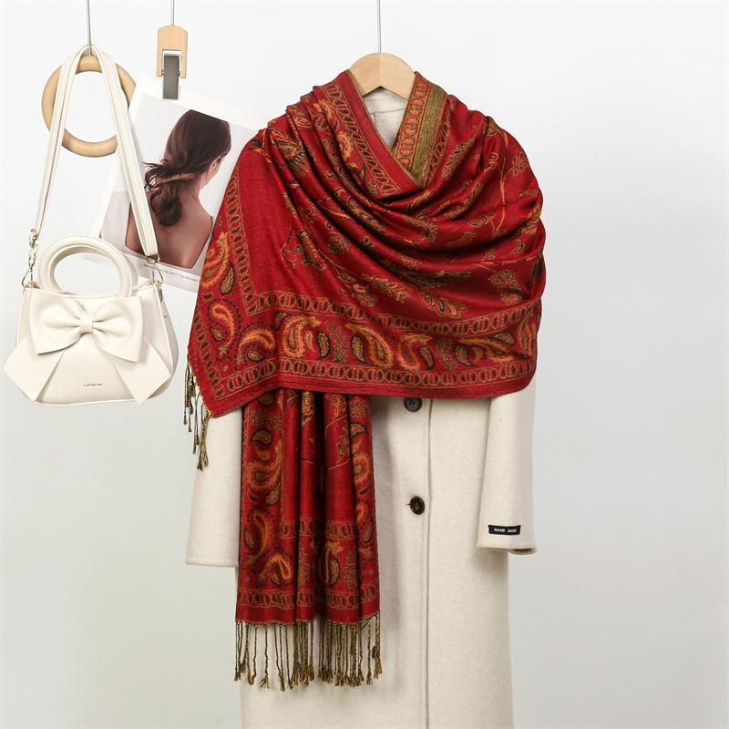 Luxury Bohemia Pashmina Scarf Shawl Wrap Paisley Jacquard Flowers Reversible Classic Tassels For Women Muslim Hijab T099