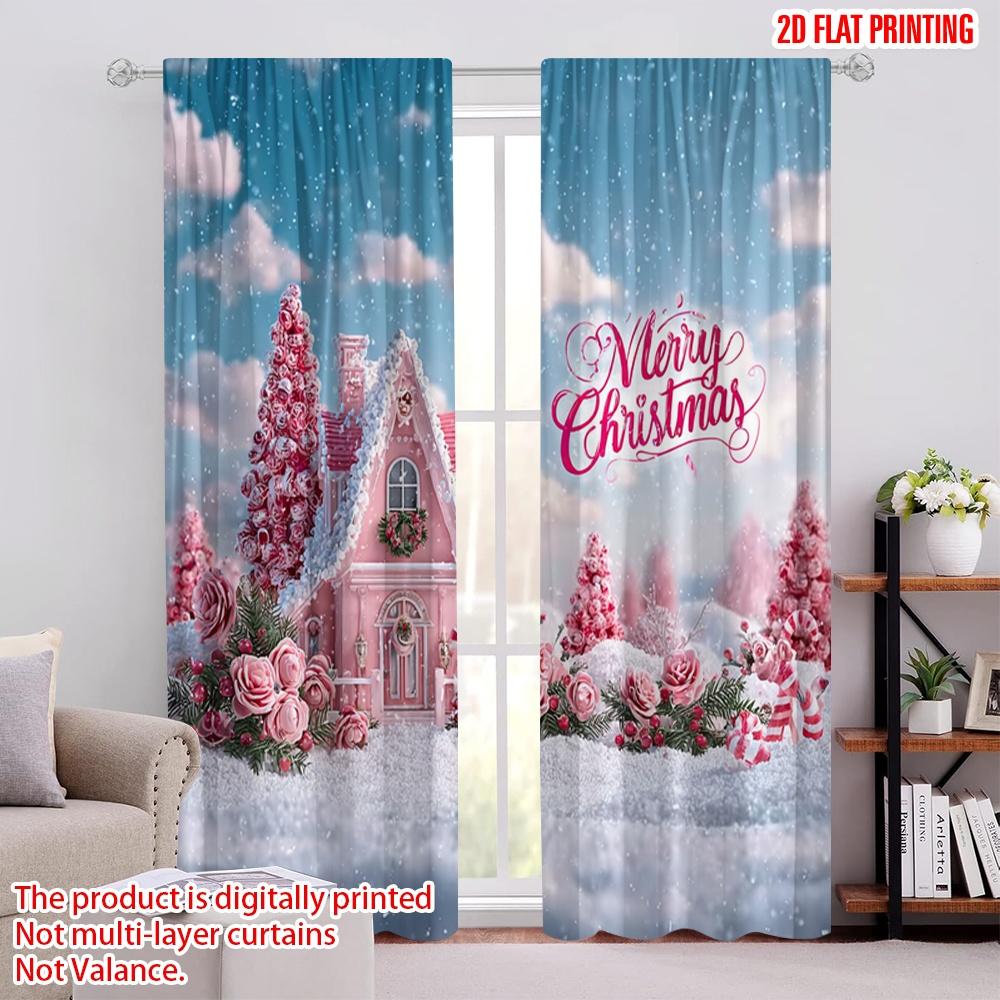 

2pcs,2D plane printing Curtains Roller Blinds Pink cottage and snow trees Versatile Polyester (without rod) Festive Use for 52.50 × 116.00 cm 2 pcs