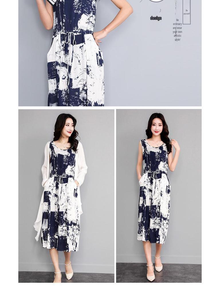 Summer Ethnic Ink Print Dress & Cardigan Set