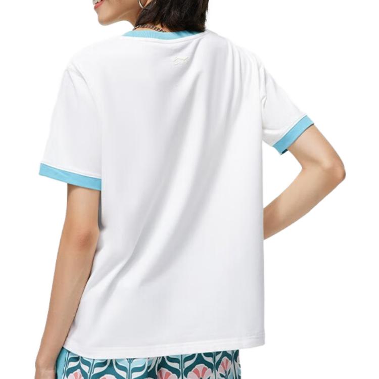 Li-Ning Letter Color Block Crew Neck Pullover Short Sleeve T-Shirt Women Tops Cream AHST488-1