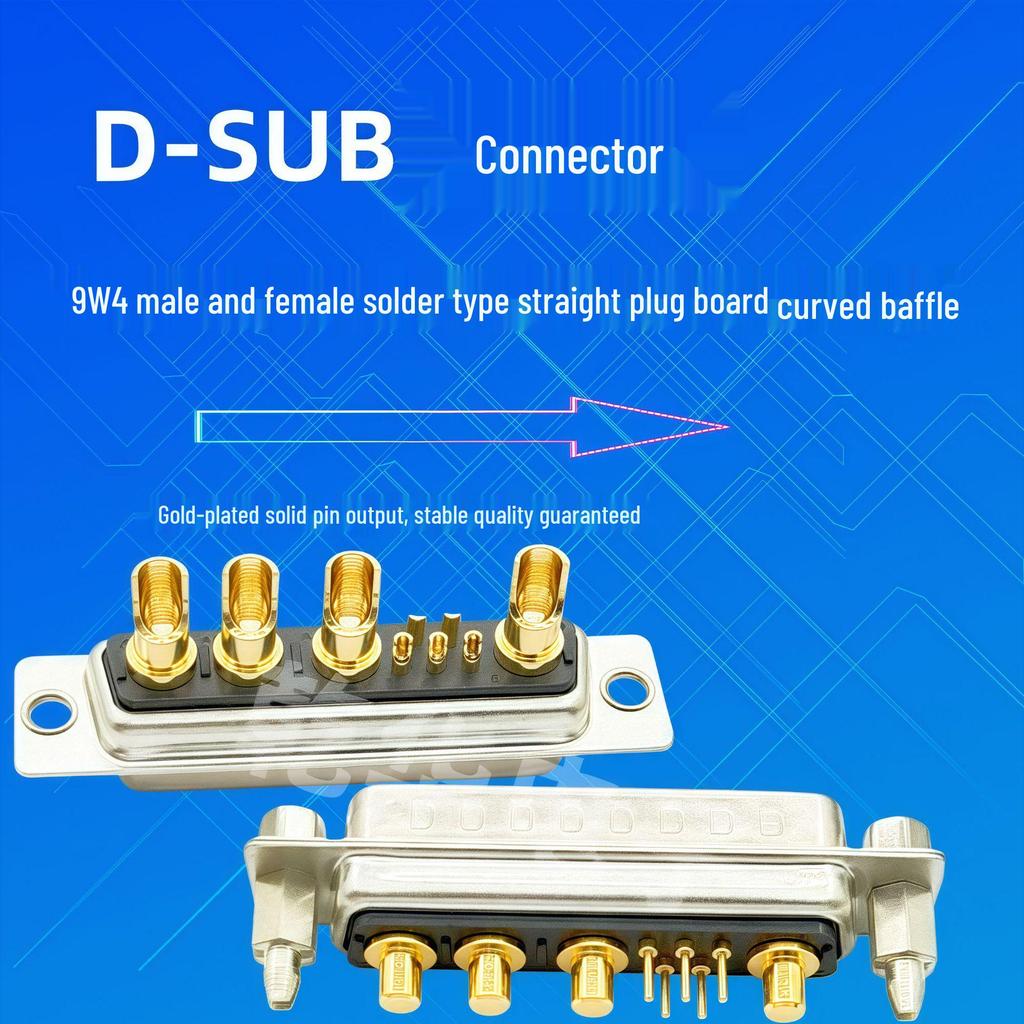 Gold-Plated 9W4 Male/Female Solid Pin High Current D-Sub Connector, Solder Type Plug