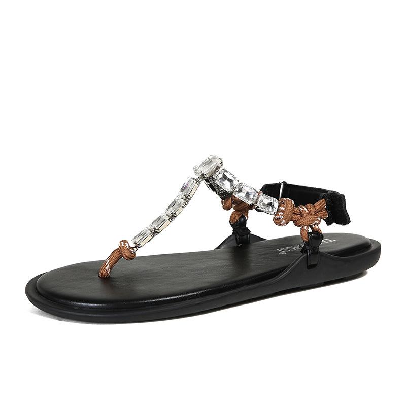 Fashion crystal band flat sandals women T-strap gladiator sandalias summer shoes rhinestone beading thong sandalias mujer big size 43