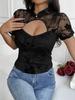 Women European American Sexy Mesh Perspective Hollow Out Stand Collar Short Sleeve Floral T Shirt