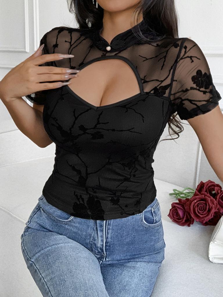 Women European American Sexy Mesh Perspective Hollow Out Stand Collar Short Sleeve Floral T Shirt