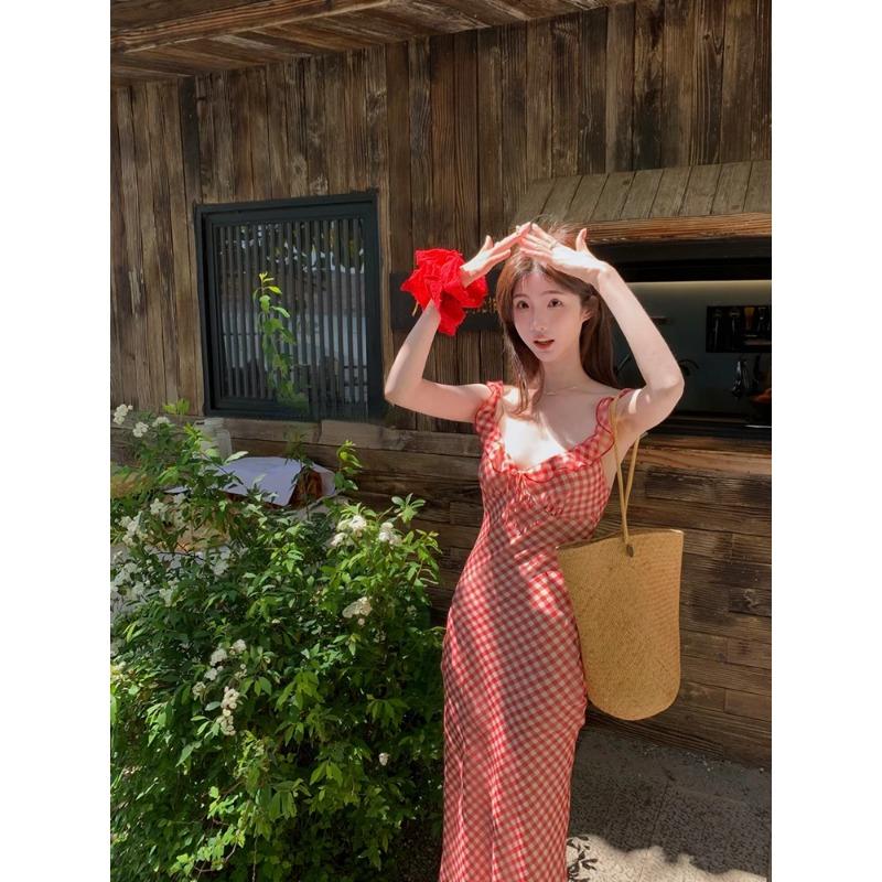 Summer 2024 New Elegant Party Dress Women Casual Plaid Strap Midi Dress Y2k Korean Fashion Slim Temperament Fishtail Dress Chic