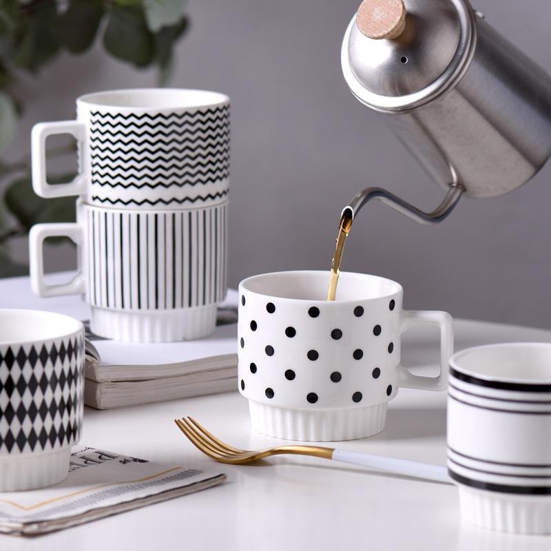 1PCS Nordic Style Ceramic Mug Suitable For Iced American Cappuccino Dot Mug Striped Coffee Tea Cup Stackable Office Water Cup
