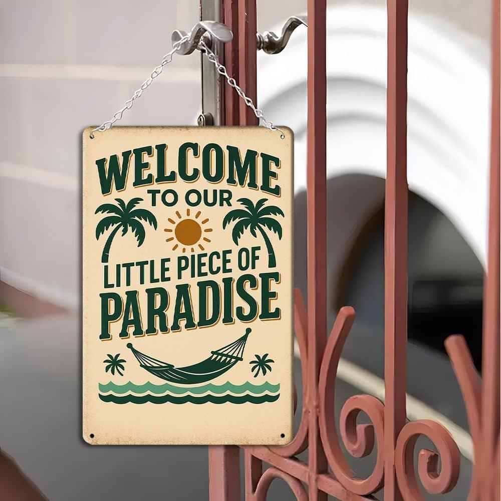 Vintage "Our Little Piece of Paradise" Metal Wall Sign, 8x12 Inch, Outdoor Decor