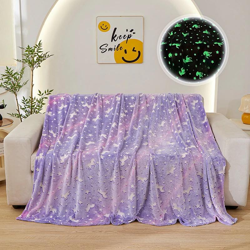2025 new luminous rainbow unicorn pegasus star flannel blanket machine washable printing and dyeing blanket