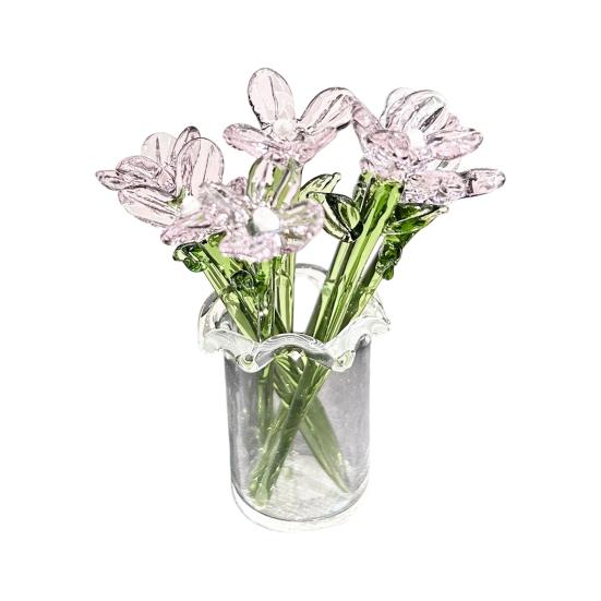 1 Set Glass Flower Bouquet with Vase Hand-Blown Mini Flower Decoration Home Living Room Handmade Simulation Floral Ornament with Stem