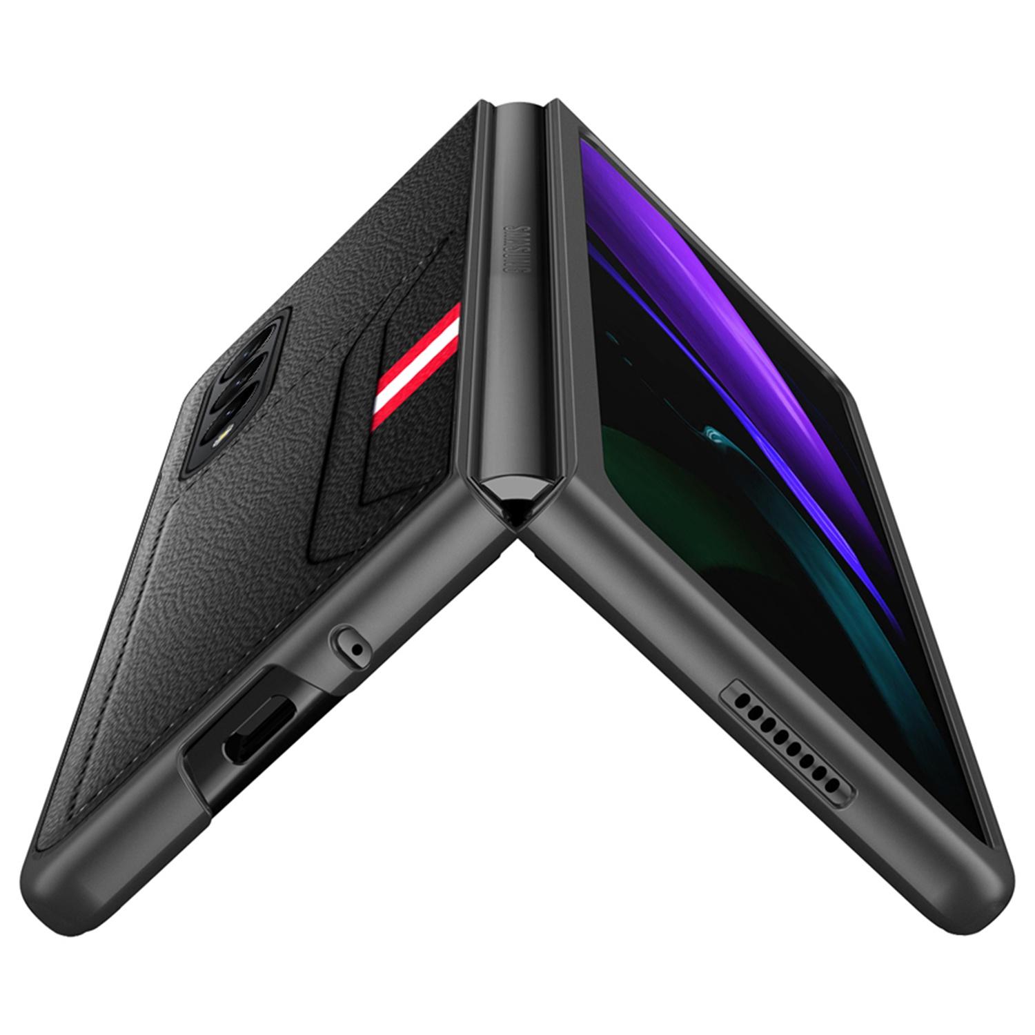 

For Samsung Galaxy Z Fold4 5G Drop-proof Litchi Texture Phone Protective Case Back Cover with Card Slot and Tempered Glass Film Black