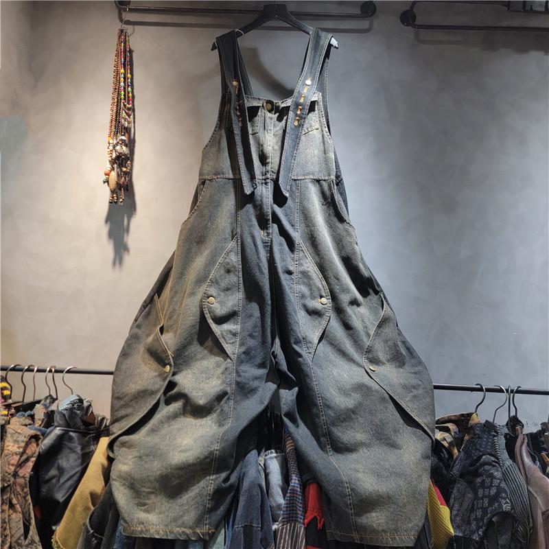 Women s Spring Trendy High-Waisted Distressed Denim Wide-Leg Overalls One Size