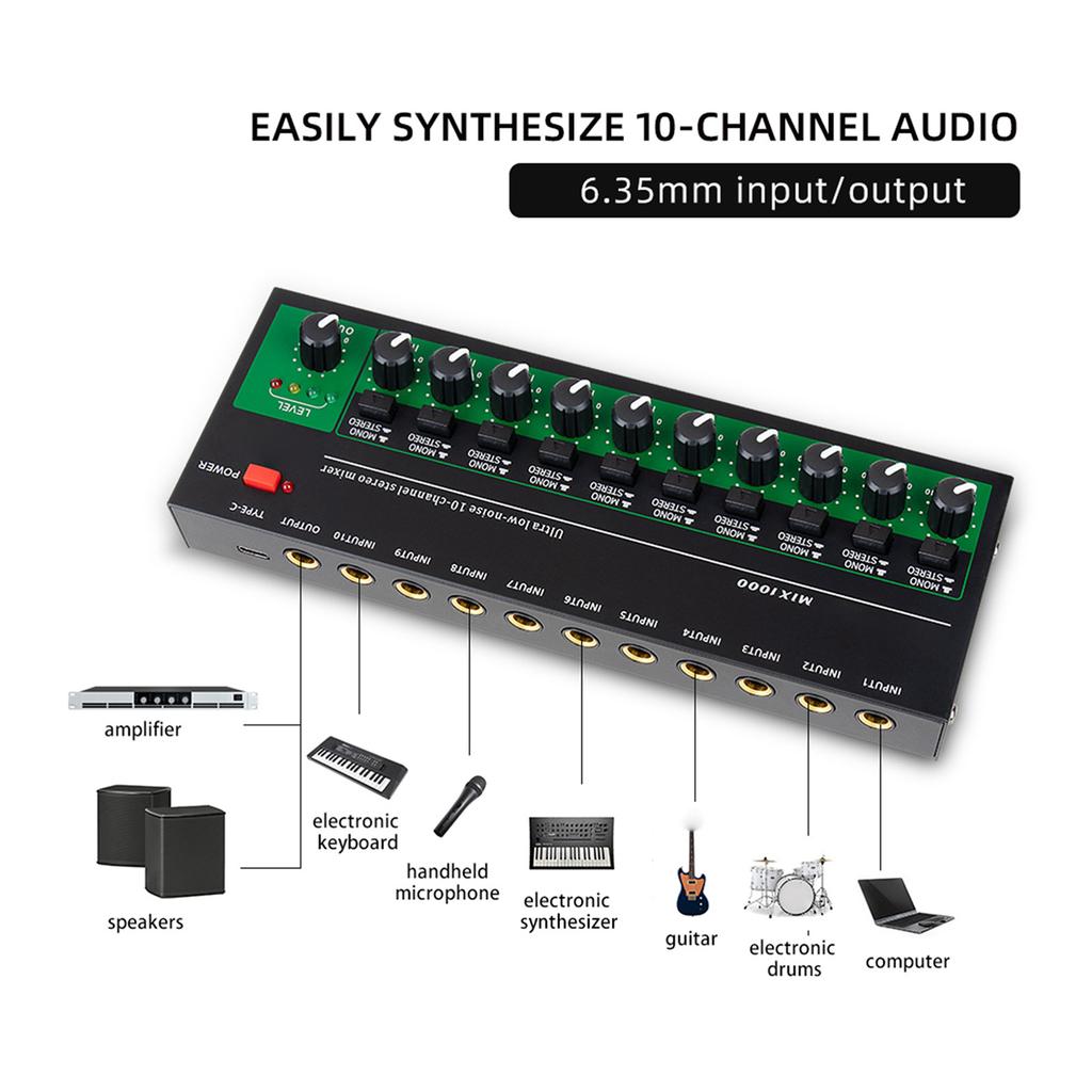 10 Channel Audio Mixer Stereo Mono Line Mixer 6.35mm TRS TS Input Metal Shell Type C Audio Processor for Guitar Bass
