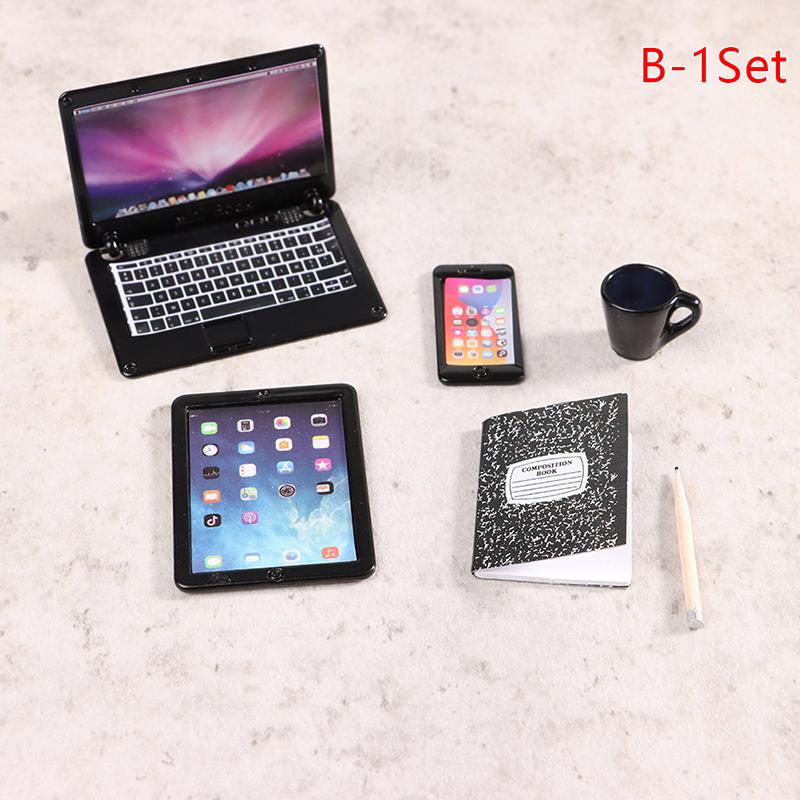 1:12 Dollhouse Miniature Laptop Phone Tablet Desk Lamp Book Desk Set Decor Toy