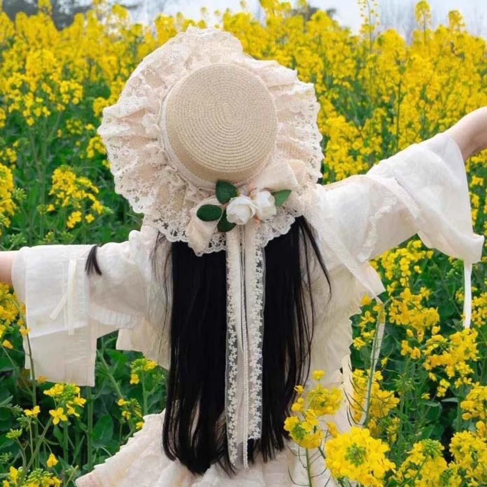 Breathable Vacation Beach Cap Lightweight Big Brimmed Fisherman Straw Hat with Lace Bow Ribbon Sombrero Woven Sun Cap