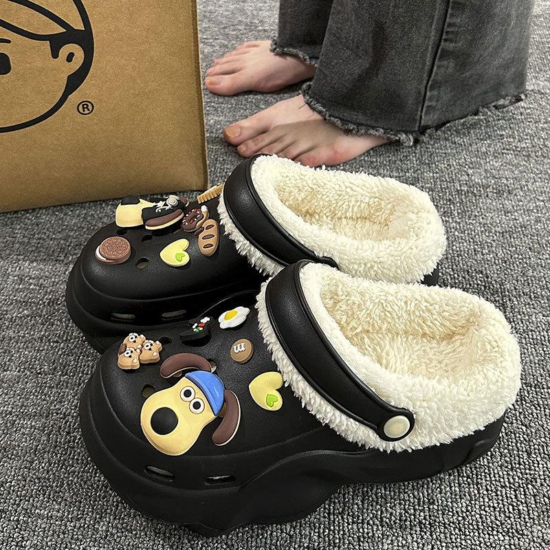 New velvet hole shoes women's winter non-slip outer wear cotton shoes heightened thick-soled home removable cotton slippers