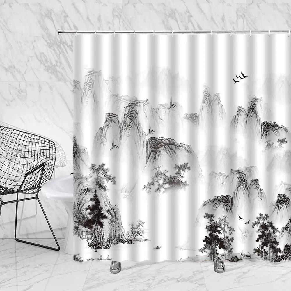 Chinese Style Ink Painting Shower Curtain Landscape Flower Tree Plant Boat Plum Living Room Background Wall Bathroom Screen Hook
