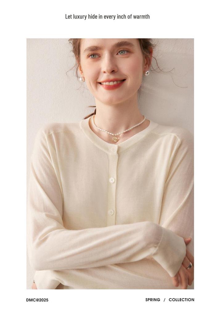 Women's 100% Pure Wool Saddle Shoulder Cardigan - Thin, Round Neck, Fine Knit, Long Sleeve for Simple Commute