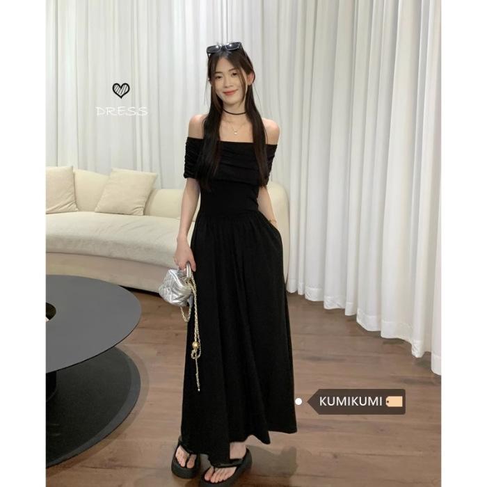 

Human cotton French light ripe feeling Hepburn style temperament one-word shoulder black dress summer waist gentle long dress S чёрный