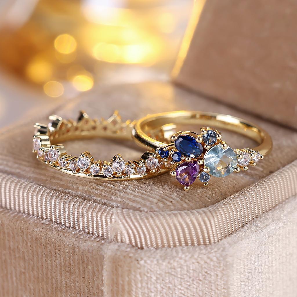 Luxury Female White Blue Zircon Stone Round Engagement Ring Set Gold Color Bridal Wedding Bands Party  For Women