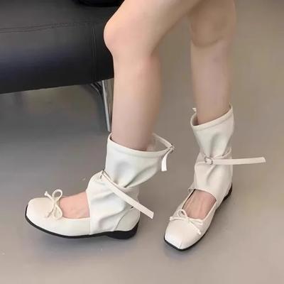 Fashion Retro Square-Toe Mary Jane Shoes - Women's Milk-White Bow Strappy Flats