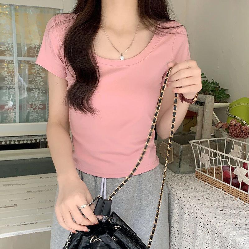

Solid color short-sleeved T-shirt women s summer new Hong Kong style chic versatile design round neck short elastic t-shirt XL рожевий
