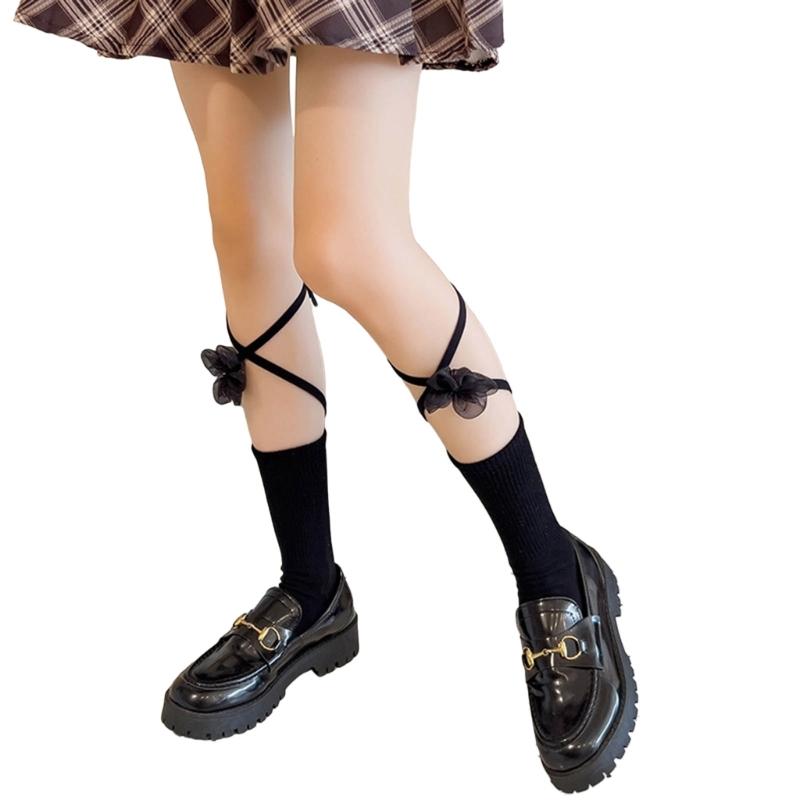 Women's Cotton Crew Socks Cross Bandage Calf Socks Sweet Cute Ankle Socks Lolitas JK Students Girls Knee Socks Hosiery