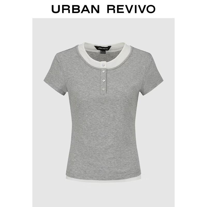 UR2026 Women s Contrast Faux Two-piece Short-sleeved T-shirt XL