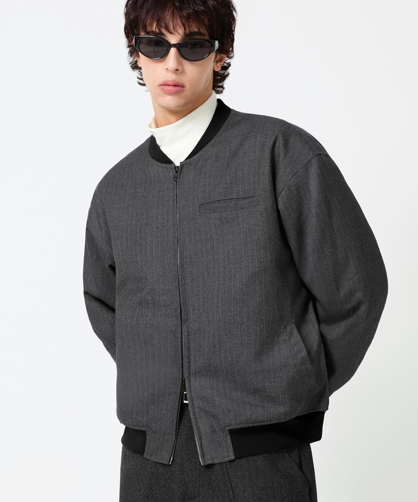 Trillion Pin Stripe Officer Crop Bomber Jacket_Gray